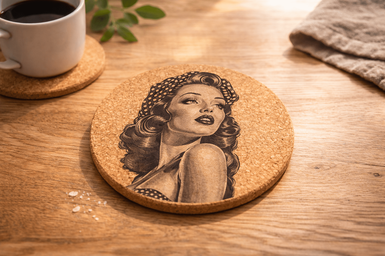 lasergravierte korkuntersetzer, kork untersetzer, lasergravur, naturkork, personalisiert, nachhaltig, geschenk, individuell